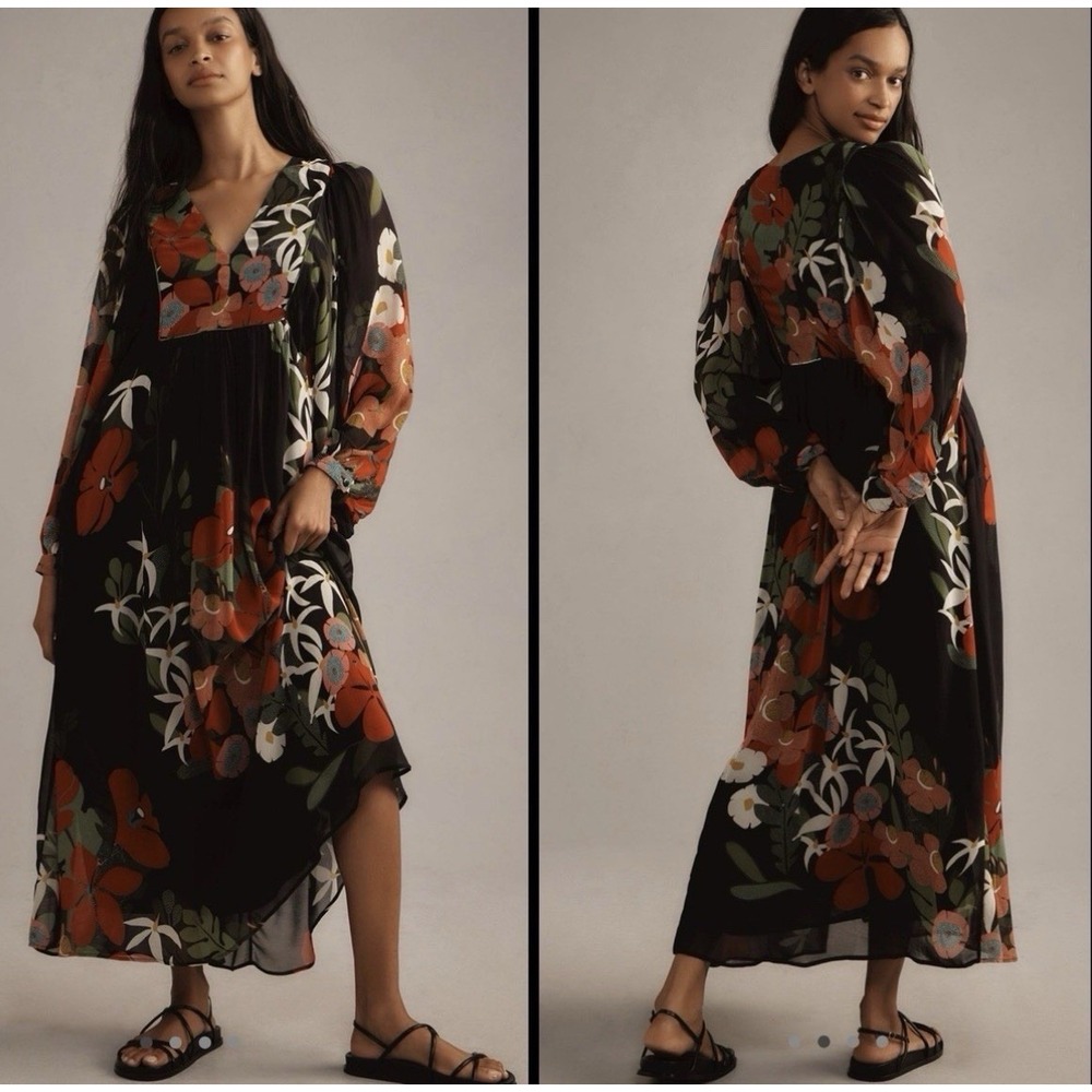 FARM RIO Anthropologie Floral Maxi Dress Black Red Long Sleeve XS - Picture 15 of 15